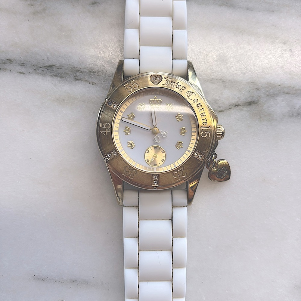 Juicy Couture Y2K White Silicone Watch with gold hardware, heart charm vintage